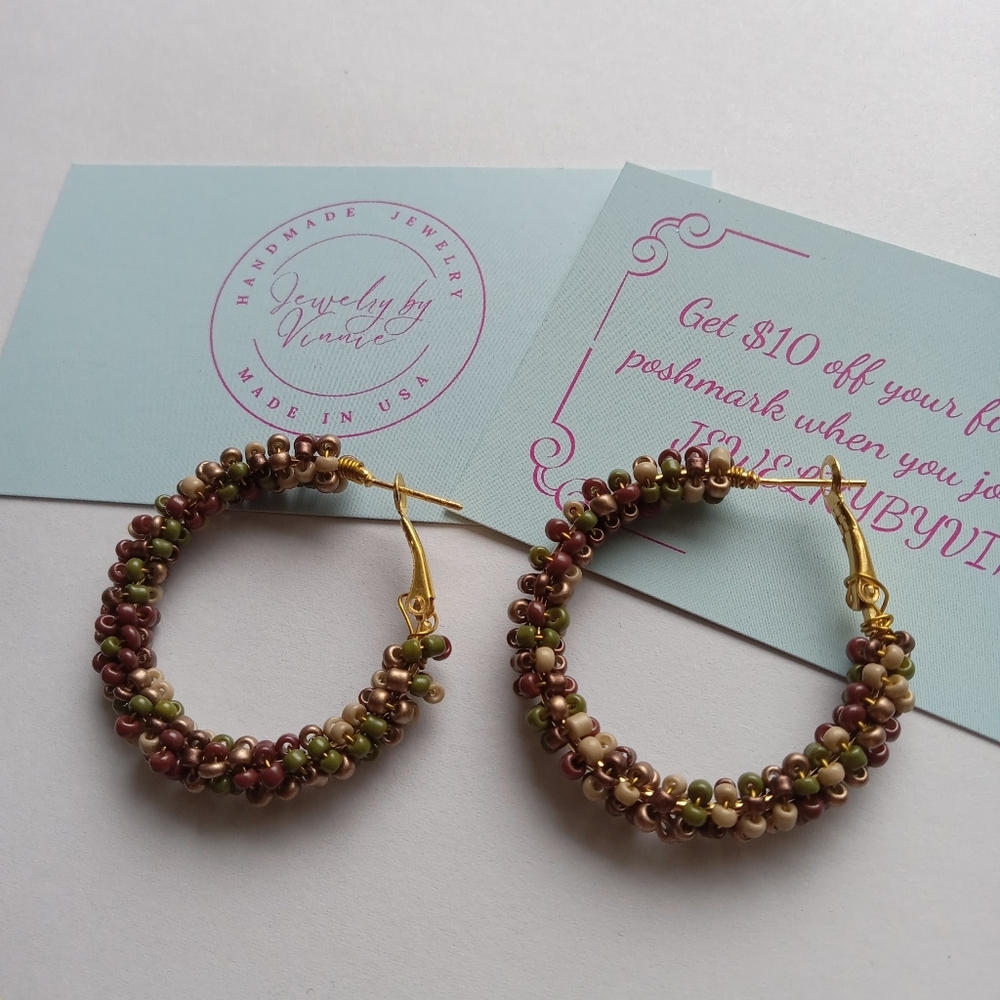 Hand Crafted Multicolor Beaded Hoop Earrings - Picture 2 of 5